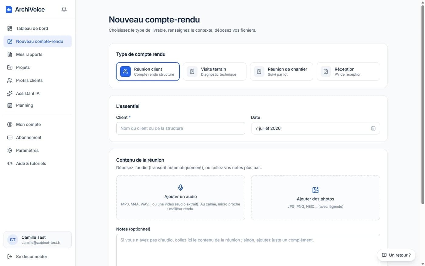 La page Nouveau compte-rendu d'ArchiVoice : choix du type de document, client, date et dépôt de l'audio