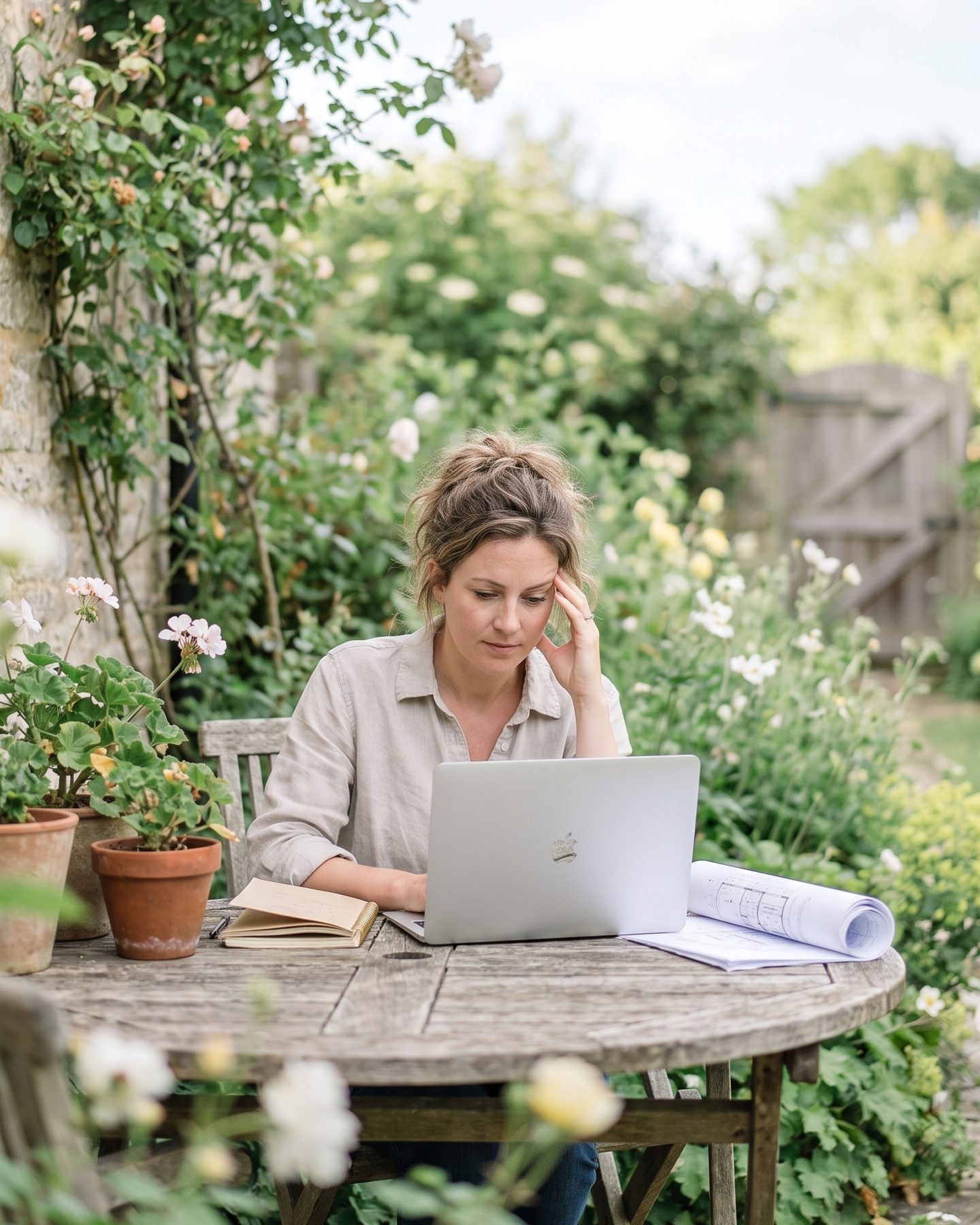 Une architecte attablée dans son jardin, la tête appuyée sur la main, en train de rédiger son compte rendu sur son ordinateur portable, un rouleau de plans et un carnet posés à côté d'elle