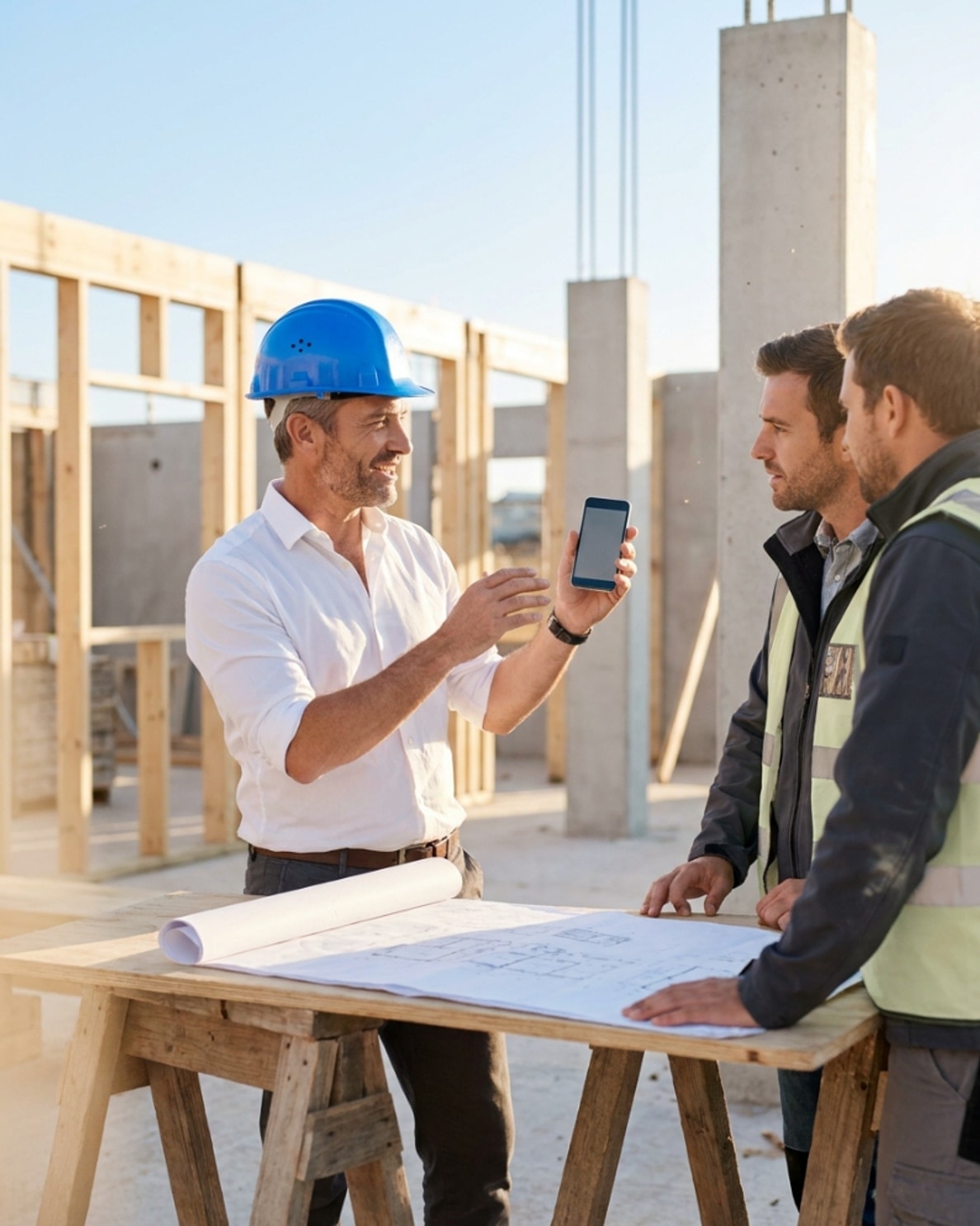 Un architecte au casque bleu, téléphone en main, en pleine réunion de chantier avec deux professionnels autour d'un plan sur tréteaux