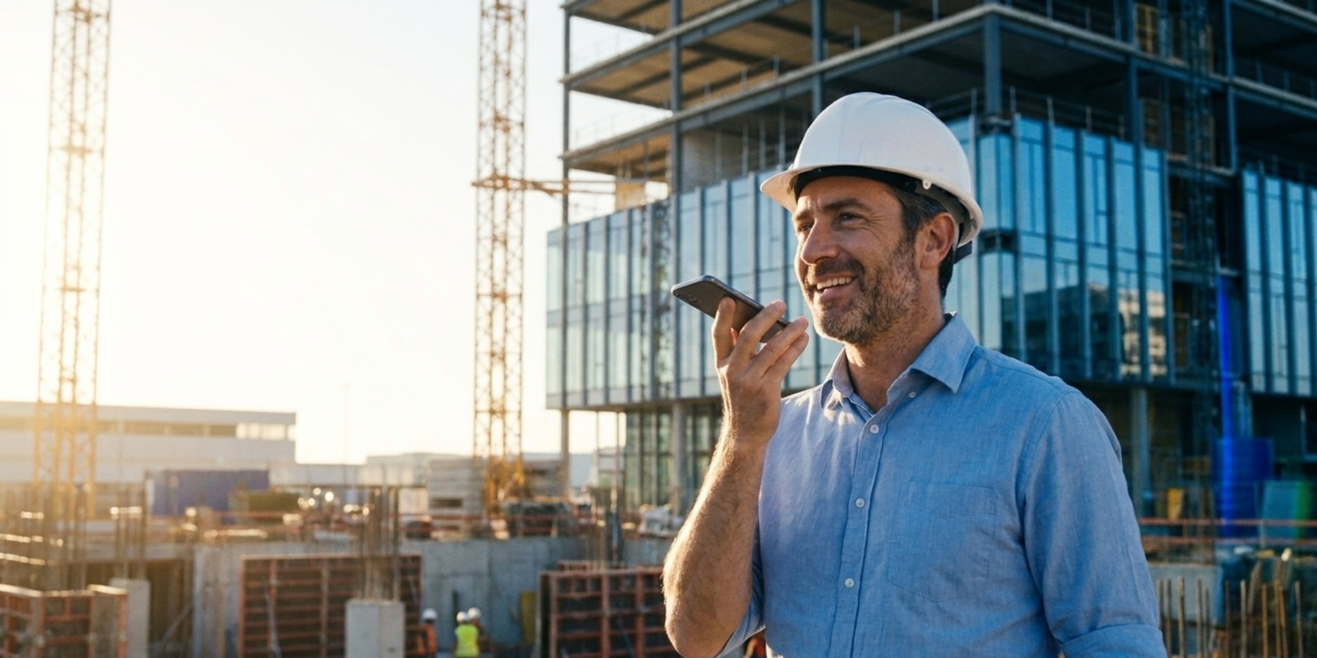 Un architecte casqué dicte ses observations dans son téléphone sur un chantier, grues et immeuble en construction derrière lui